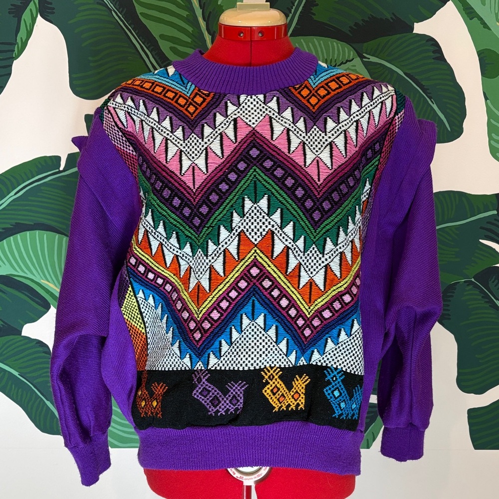 Vintage 1980s Hand Knit Purple Geometric Pattern Sweater